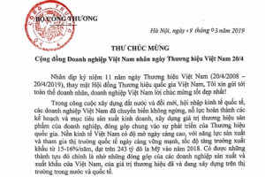 Thư chúc mừng của Bộ trưởng Bộ Công Thương Trần Tuấn Anh nhân ngày thương hiệu Việt Nam 20/4 
