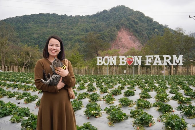 Du khách chụp ảnh check-in tại vườn dâu tây Bon Bon Farm. Ảnh: Duy Học.