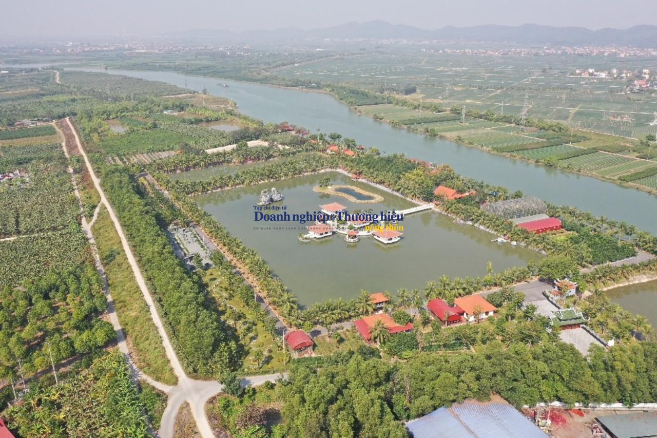 Công trình bao gồm vườn cây, ao cá, nhà ở, hòn non bộ, nhà trên nước - Hướng nhìn từ đê