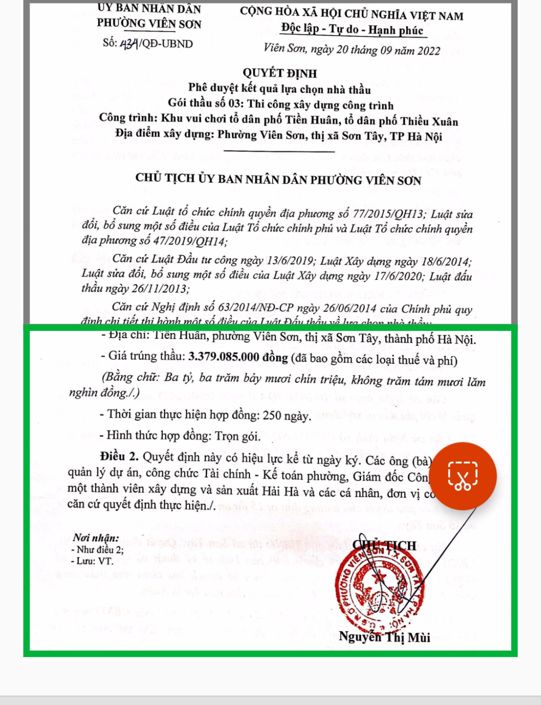 Quyết định số 434/QĐ-UBND của UBND phường Viên Sơn về việc phê duyệt cho Nhà thầu Hải Hà trúng gói thầu số 03 (Thi công xây dựng công trình) của Dự án Khu vui chơi tổ dân phố Tiền Huân, tổ dân phố Thiều Xuân.