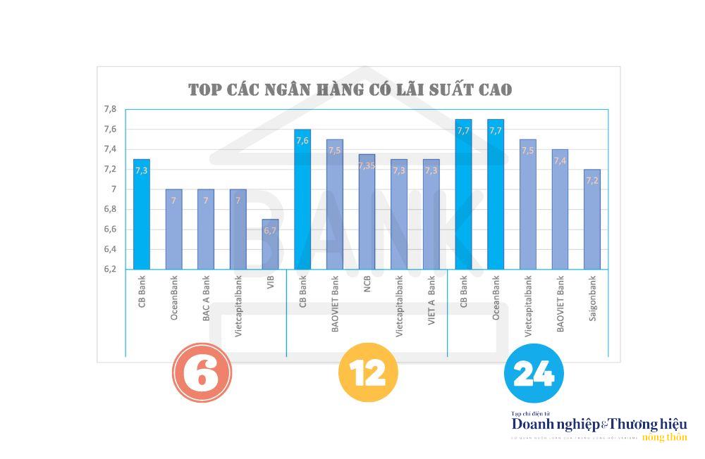 TOP 5 ngân hàng có lãi suất cao nhất ở kỳ hạn 06, 12, 24 tháng.