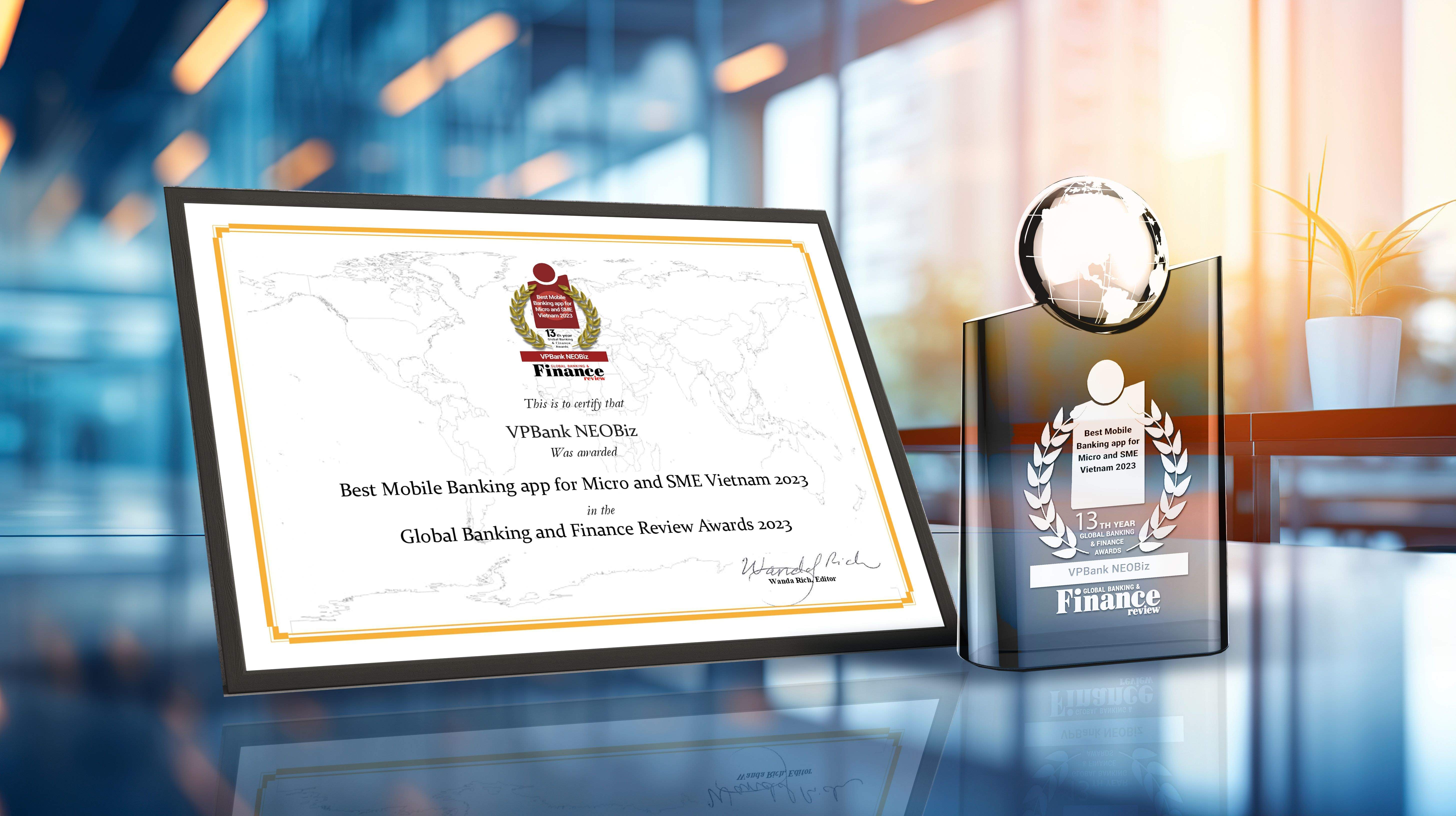 VPBank NEOBiz được Global Banking and Finance Review Awards 2023 trao tặng danh hiệu Ứng dụng ngân hàng tốt nhất dành cho doanh nghiệp vừa và nhỏ và doanh nghiệp siêu nhỏ.