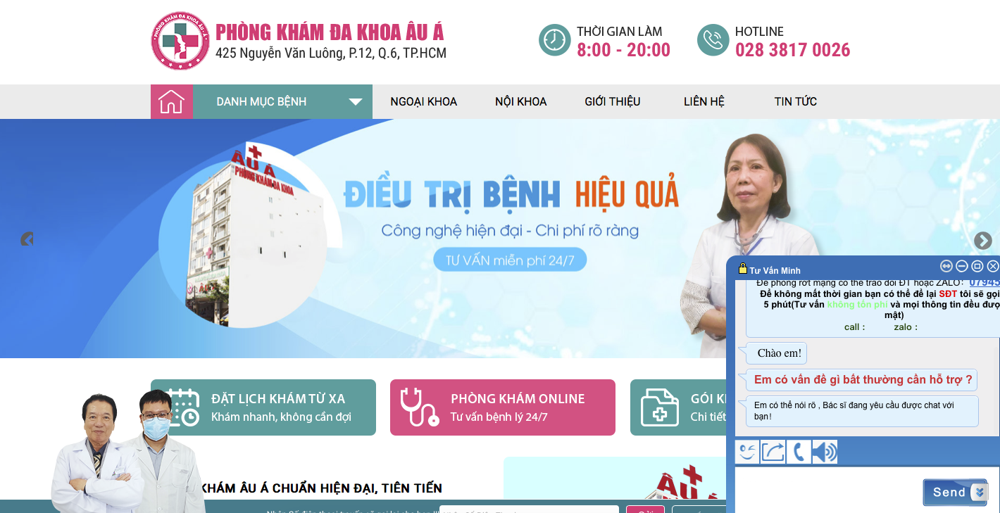 website quảng cáo về Phòng khám Đa khoa Âu Á (ảnh chụp màn hình)