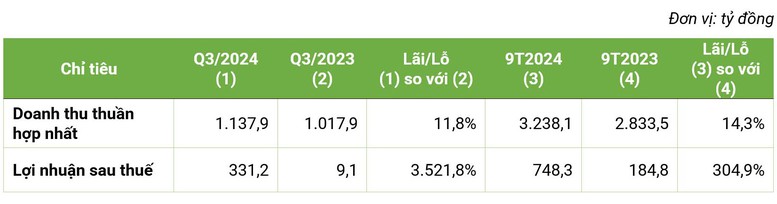 Doanh thu và lợi nhuận tính đến quý 3/2024