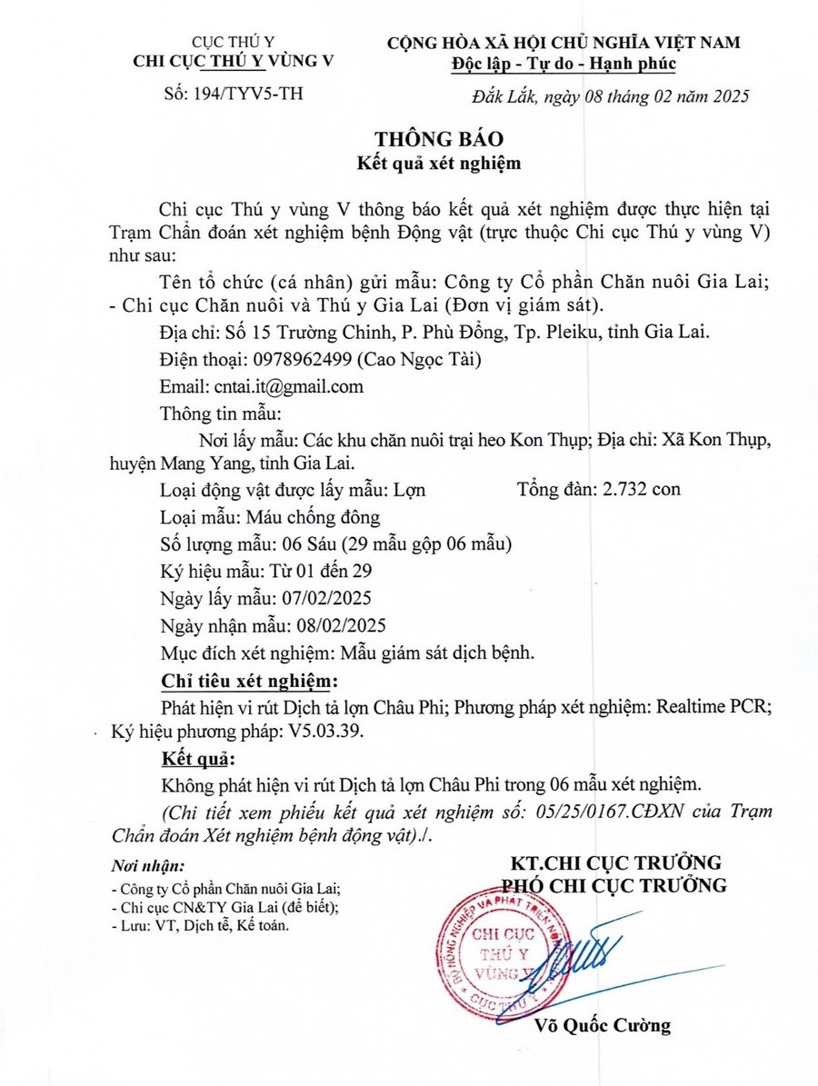 Không phát hiện dịch tả lợn châu Phi tại Công ty Cổ phần Chăn nuôi Gia Lai 1